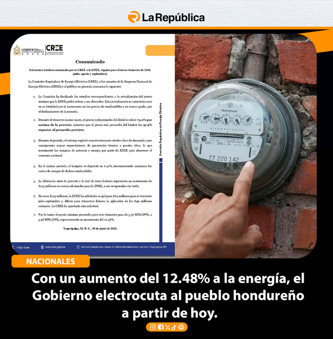 Con un aumento del 12.48% a la energía, el Gobierno electrocuta al pueblo hondureño a partir de hoy. - Cover Image